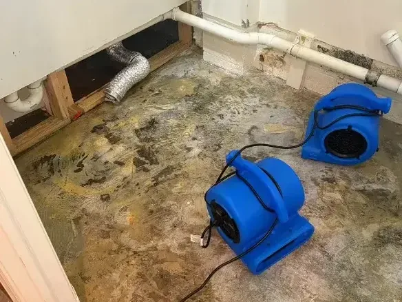 Air movers aimed across an exposed subfloor after a pipe leak