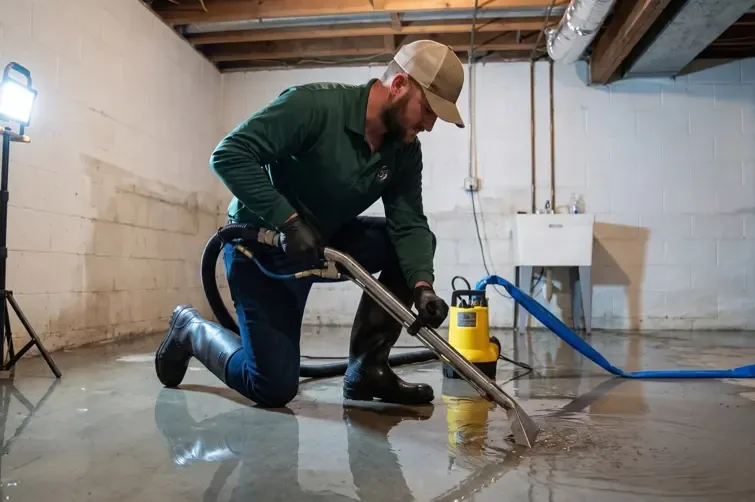 Restoration crew pulling standing water off a home floor with extraction equipment before the drying setup goes in